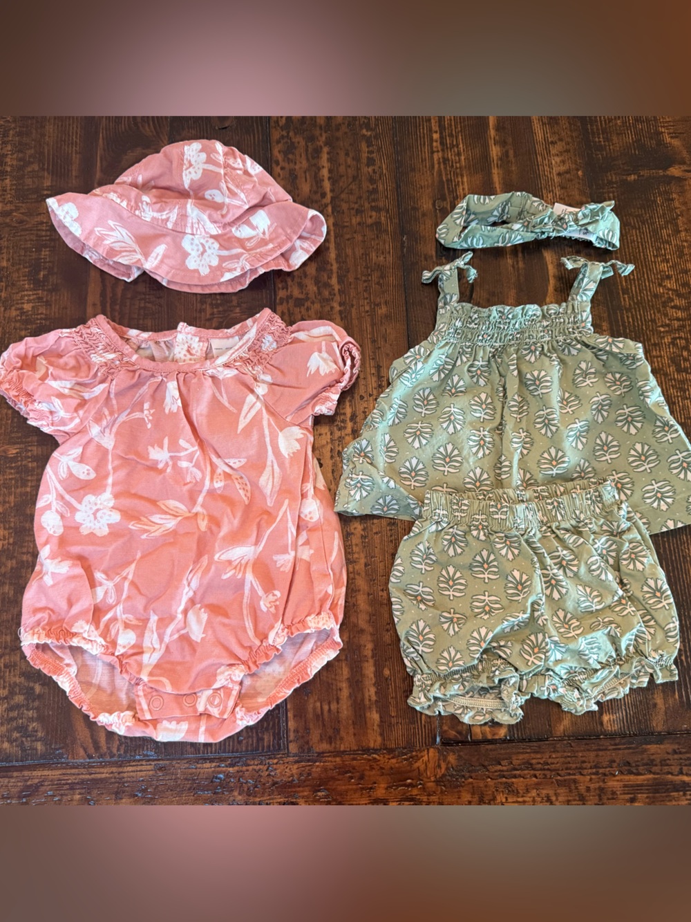Carter’s Pink Floral Baby Romper with Hat & Green Floral Two-Piece Set with Bow